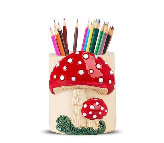 dgudgu Mushroom Resin Pencil Holder & Pen Organizer - Cute Desk Pencil Holders With Multiple Compartments - Image 1