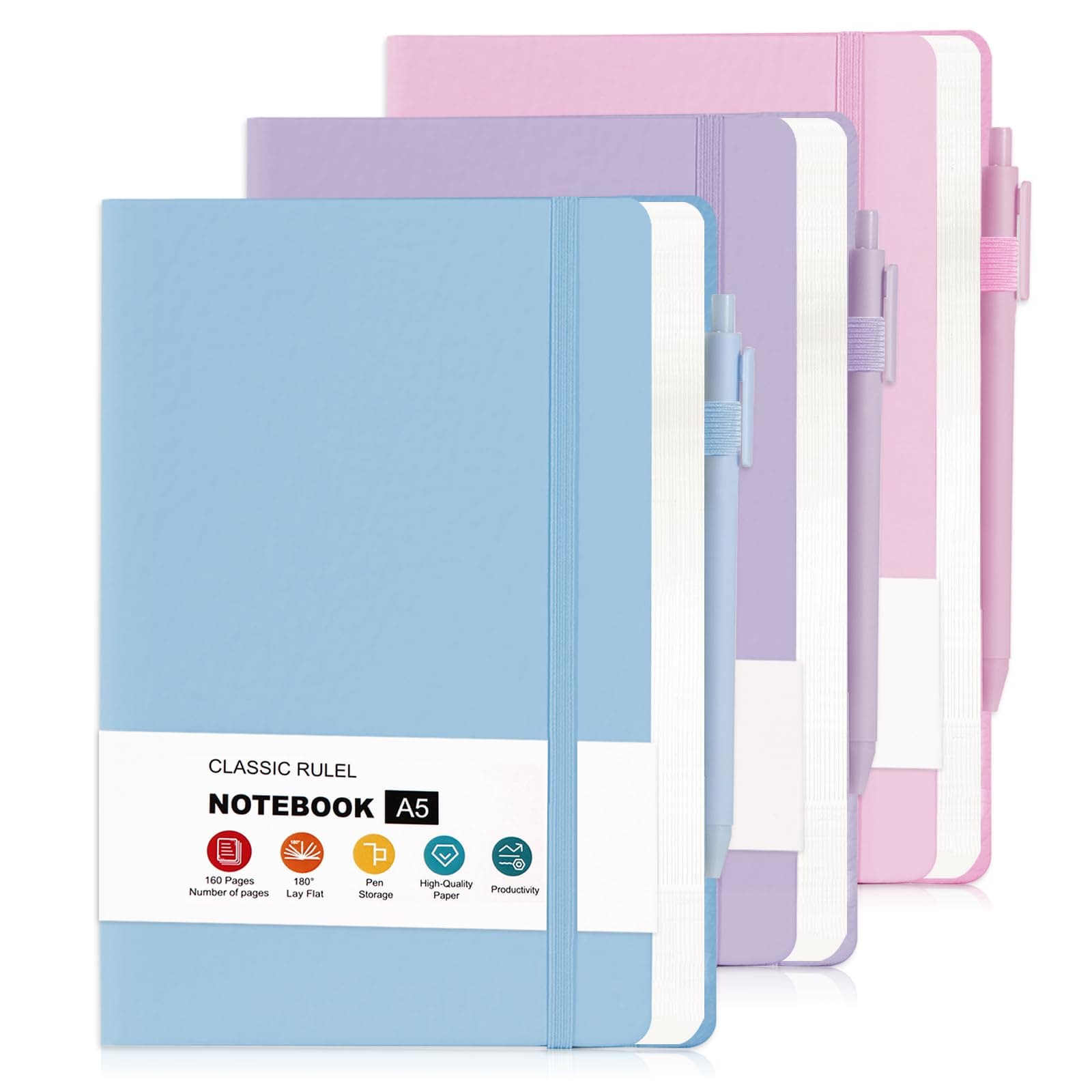 3 Pack Cuaderno Rayado,A5 Cuaderno con Forro de Tapa Dura de 480 páginas,Diario de Piel para Escribir, Oficina, Escuela, Negocio(3 Colors 20.8cm x14.5cm) - Image 1