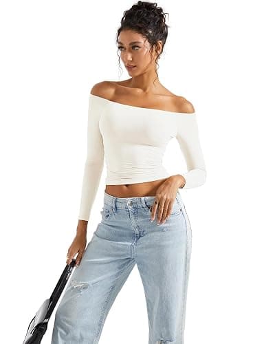 SUUKSESS Women Off Shoulder Double Lined Long Sleeve Shirts Basic Going Out Tops thumbnail 6
