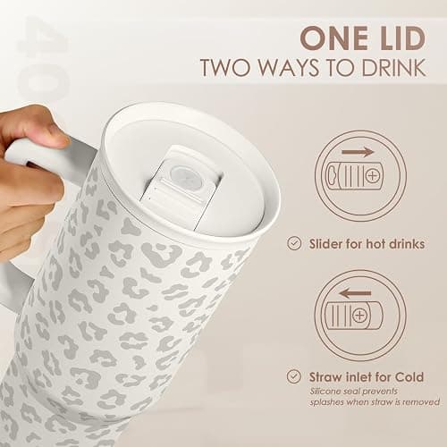 SANDJEST Leopard Tumbler with Handle, Insulated Cup Stainless Steel Travel Mug Cup, Gifts for Women Girl on Birthday Christmas, Cream Leopard, 40oz thumbnail 6