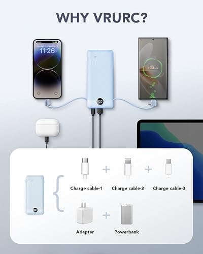 VRURC Portable Charger Built-in Cables and AC Wall Plug, USB C Power Bank 10000mAh, Travel Essentials Phone Charger Compact Lightweight External Battery Pack for Smart Phones, Tablets etc-Blue thumbnail 4