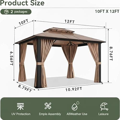 SOLUMIA 10x12 Hardtop Gazebo with Curtains & Netting, Double Roof Polycarbonate Canopy, Heavy-Duty Aluminum Frame Pergola for Patio, Garden, Deck – All-Weather UV & Rust Resistant thumbnail 2