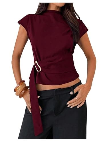 Floerns Women's Buckle Tie Elegant Blouse Mock Neck Shirts Cap Sleeve Business Casual Tops - Image 1