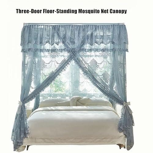 Miusocal Three-Door Floor Standing Bed Canopy with Metal Frame, Lace Canopy Bed Curtain, Elegant Lace Princess 4 Corner Post Mosquito Net, Bedroom Decoration(Pink,W78.7 x L86.6in) thumbnail 3
