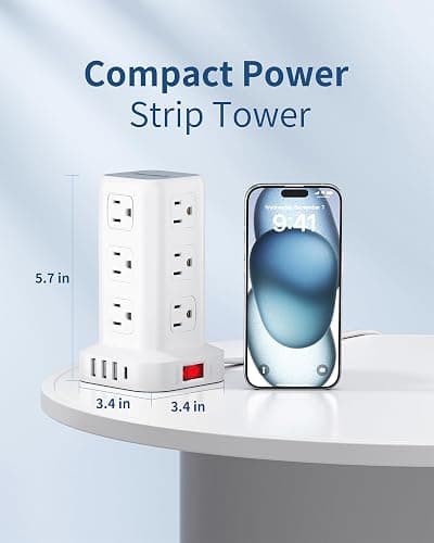Extension Cord with Multiple Outlets, SMALLRT Flat Plug Surge Protector Power Strip Tower with USB 12 AC Outlets, 6.5FT Ultra Thin Extension Cord Outlet Extender for Home Office, Overload Protection thumbnail 6