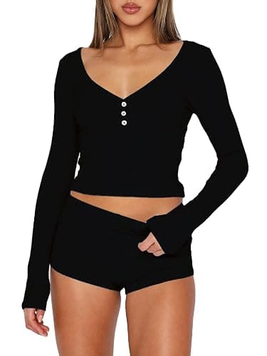 ForeFair Women 2 Piece Ribbed Knit Pajama Set Button Long Sleeve Tops and Shorts Lounge Sweatsuits Y2k Sleepwear PJ Set - Image 1