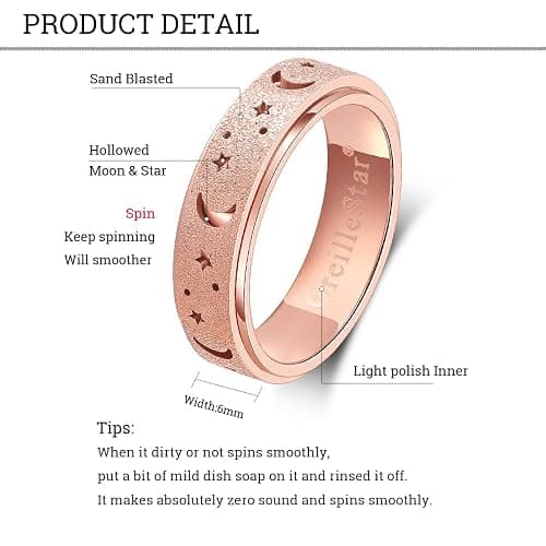 OreilleStar Anxiety Ring for Women Spinner Ring Fidget Toys Adults Fidget Ring Spinner Rings for Women Stainless Steel Anxiety Moon Star Rose Gold thumbnail 5