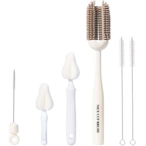 CAREBABYMORE 5-in-1 Baby Bottle Brush Kit, Silicone Bottle Brush for Baby Bottle and Breast Pumps, Sponge Nipple Brush with Replaceable Brush Head, Straw Brushes, Grey - Image 1