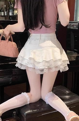 Y2K High Waist Denim Mini Skirt for Women - Layered A-Line Skater Skirt with Lace Trim, Casual Streetwear thumbnail 3