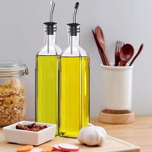 Leaflai Olive Oil Dispenser Bottle, 2 Pcs Glass Olive Oil Dispenser and Vinegar Dispenser Set with 2 Stainless Steel Pourers, 4 Labels,1 Brush and 1 Funnel Oil Bottles for Kitchen (500ml) thumbnail 2