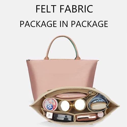 Lckaey tote bag organizer insert for Longchamp le pliage large tote insert felt purse zipper bag organizer beige, L/16.5 * 6.7 * 9.8in thumbnail 4