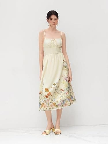 CIDER Midi Dress for Women Floral Sleeveless Square Neck Shirred Waistline Casual Dress Wedding Guest Dresses thumbnail 4