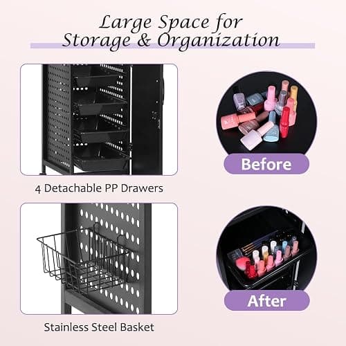 AGESISI Nail Desk for Nail Tech Manicure Table with Dust Collector Charging Station, Nail Tech Table with 4 Storage Drawers, LED Lamp, Lockable Wheels, Nail Station for Home & Spa Salon, Black thumbnail 6