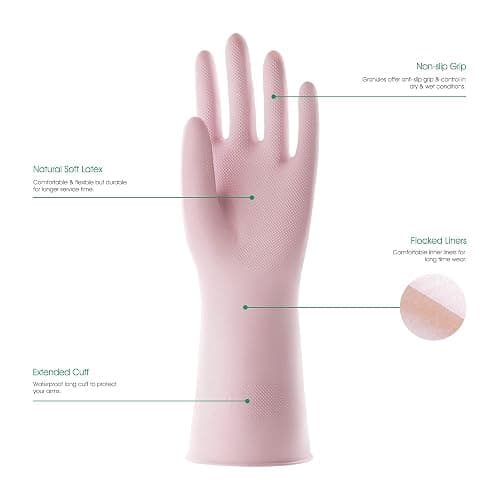 COOLJOB Small Household Rubber Gloves with Cotton Liner & Non-slip Grip, Waterproof Long Lasting Dishwashing Gloves for Kitchen & Bathroom Cleaning, Light Pink, 1 Pair thumbnail 4