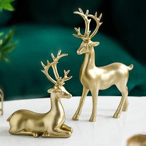 BULINGNA 2Pcs Christmas Reindeer Figurines, Resin Elk Sculpture Miniature Figurine Xmas Deer Statue Artificial Animal Crafts Home Decoration Ornament (Solid Gold) thumbnail 2