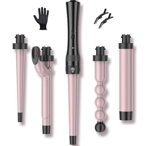 Hair Curling Wand Iron Tongs with Anti-Scald Head, 5 in 1 Hair Curler for Long Hair 10mm-32mm with 2 Crocodile Clips 1 Anti-Scald Silicone Gloves, PTC Ceramic LCD 180°C & 210°C - Image 1