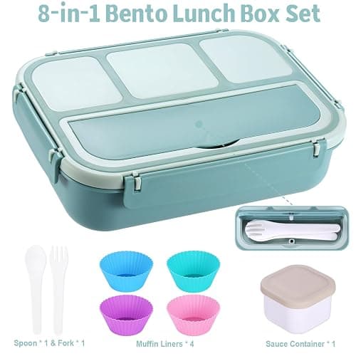 shell and turtle Bento Box Adult Lunch Box, Lunch Containers for Kids Girls Boys with 4 Compartments, Lunchable Food Container with Utensils, Sauce Jar, Muffin Liners, 40 Oz/5 Cup, Light Teal thumbnail 6