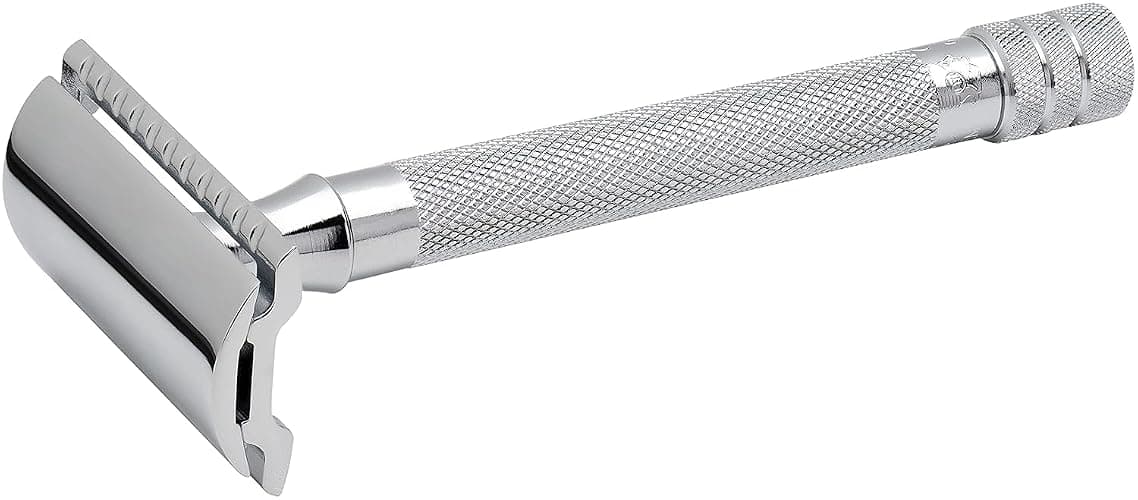 MERKUR 23C Double Edge Safety Razor - Polished Chrome, Long Knurled Brass Handle, Made in Germany, Plastic-Free, Three Piece Design, Closed Comb, Straight Bar thumbnail 2