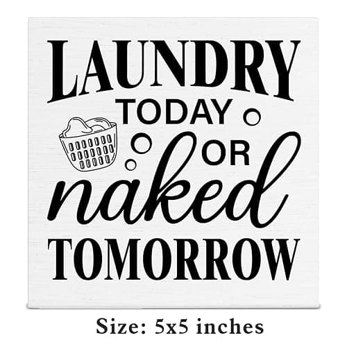 Laundry Sign - Funny Laundry Room Signs Laundry Today or Naked Tomorrow Wood Block Sign Farmhouse Decoration for Home Laundry Room Shelf Desk Table thumbnail 3