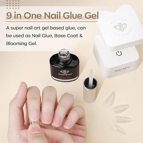 Modelones 9 in One Nail Glue Base Coat Nail Polish Set Brush On Gel Nail Glue 2 Pcs 15 ml for Rhinestone, False Nails, Base Gel, Blooming Nail Art Gel Nail Kit for Acrylic Nails U V Lamp Needed thumbnail 4