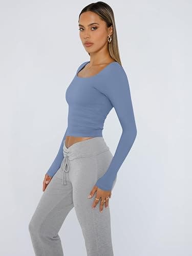 Trendy Queen Womens Long Sleeve Shirts Crop Tops Fall Fashion 2025 Square Neck Going Out Basics Tees Y2k Clothes thumbnail 4