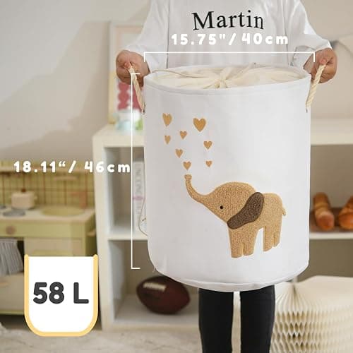 INough Baby Laundry Basket Laundry Hamper, Canvas 58L XL Baby Clothes Basket, Collapsible Brown Laundry Basket for Nursery Toy Baskets with Drawstring Closure, KidsRoom Decor for Boys thumbnail 3