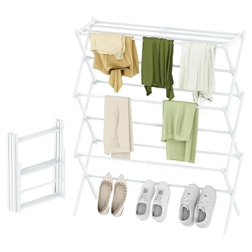 STARLATTA Foldable Drying Rack Clothing, 3-Tier Portable Clothes Drying Racks for Indoor & Outdoor, Anti-Rust Compact Laundry Rack Collapsible, White 28" D x 10" W x 35" H - Image 1