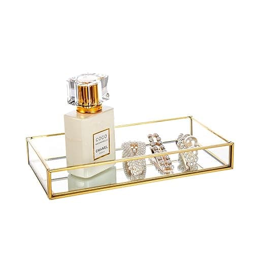 Feyarl Small Gold Clear Glass Perfume Tray Vanity Jewelry Trinket Rings Earrings Organizer Tray Collection Display Decorative Tray for Dressr Drawer Office Tabletop (7.87Inch) - 7.9" x 3.9" x 1.2" - Image 1