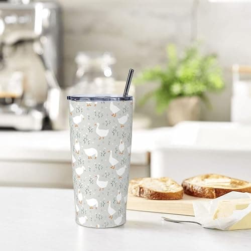 JASROTAO Cute Goose Flowers Tumblers, Goose Floral 20oz Stainless Steel Insulated Travel Tumblers,Travel Coffee Mug with Lid and Straw Cups Gifts for Women Men thumbnail 2