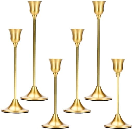 2 Sets(6 Pcs) Candle Stick Holders, Brass Gold Metal Taper Candle Holders, Vintage Modern Decorative Centerpiece Candlestick Holders for Table Mantel Wedding Housewarming Gift - Image 1