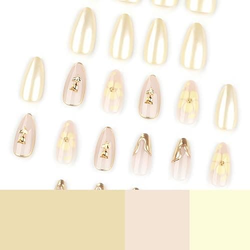 Yellow Flower Press On Nails with Gold 3D Design, Glossy Almond Fake Nails with Metallic Line Art, Elegant Reusable Stick On Nails for Women and Girls, 24PCS Full Cover False Nail Set thumbnail 5