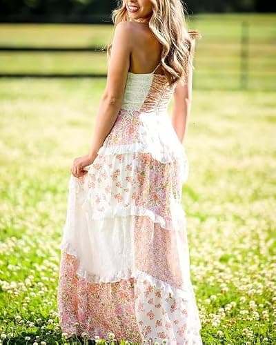Women Y2k Floral Smocked Maxi Dress Bow Tie Shoulder Tiered Ruffle Midi Sun Dress Boho Casual Beach Long Dresses thumbnail 8