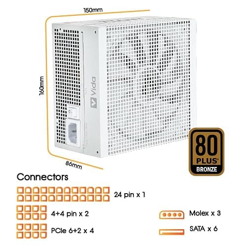 VIDA 750W Heracles White ATX Gaming PSU, 80 Plus Bronze, 14cm Ultra-Quiet FDM Fan, Flat White Cables, Power Lead Not Included thumbnail 3