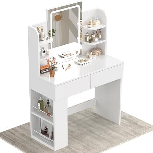 Devoko Dressing Table with LED Lighting Mirror,3 Light Colors,Adjustable Brightness,Vanity Table,Makeup Desk with 2 Drawers and 4 Storage Shelves, 90 x 40 x 135 cm, Modern White thumbnail 7