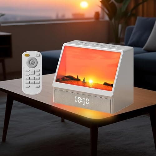Sunrise Alarm Clock for Bedrooms, White Noise Machine Creative Simulated Sunrise Animation with 7 Modes, 12 Natural Sounds, Music Speaker & Remote, Wake Up Light Sunset Lamp Gifts for Heavy Sleepers - Image 1