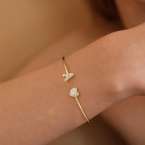 BRIJEWLIC Gold Bracelets for Women Teen Girls, 14K Gold Plated Initial Heart Bangle Bracelet thumbnail 2
