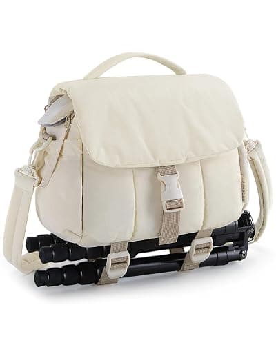 BAGSMART Small Camera Bag, DSLR Camera Case for Camera Lens & Accessories, Ultra-Light Compact Crossbody Camcorder Bags with Rain Cover/Tripod Straps, Irovy White - Image 1