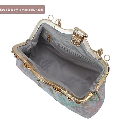 YeBon Retro Shoulder Chain Messenger Clutch Chinese Style Crane Embroidered Jacquard Women's Evening Bags (Golden Pink Flower) - K Pink Flower thumbnail 3