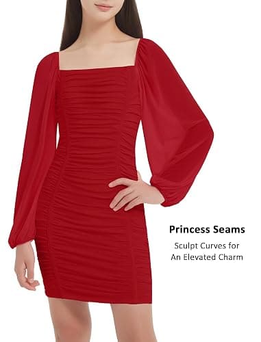 EXARUS Girls Padded Dress Tween Long Sleeve/Spaghetti Strap Bodycon Teen Formal Dance Ruched Easter Dresses Mini 8-14Y thumbnail 6