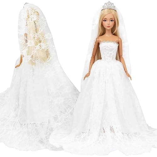 BARWA White Wedding Dress with Long Veil Evening Party Princess White Lace Gown Dress for 11.5 Inch Girl Doll thumbnail 5