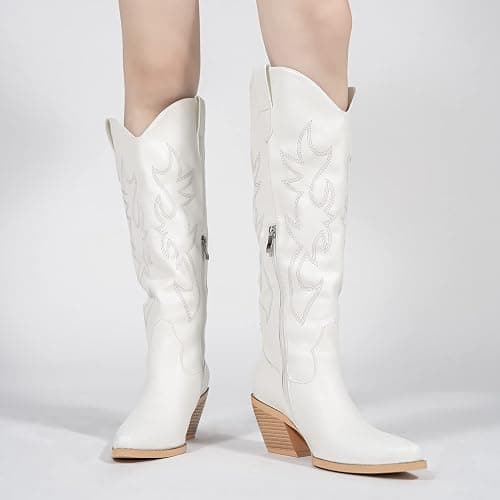 Pasuot Western Cowboy Boots for Women - Knee High Wide Calf Cowgirl Boots, Slip On Pointed Toe Chunky Heel Fashion Retro Classic Pull On Tall Boot for ladies Party concert thumbnail 7