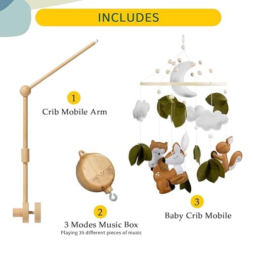 FEISIKE Woodland Animals Theme Bassinet Baby Nursery Mobiles with Modes Digital Music Box 3In1 Set-34 Inch Wooden Mobile Arm for Crib Mobile Hanger for Crib Baby Nursery Decor thumbnail 5
