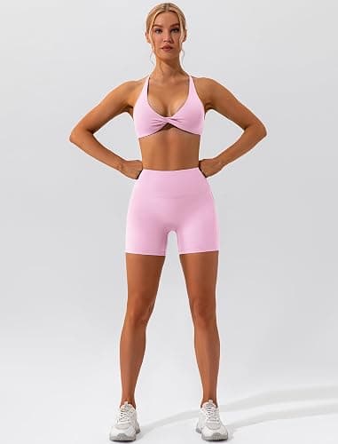 ABOCIW Workout Sets for Women 2 Piece Twist Front Halter Sports Bras High Waist Biker Shorts Exercise Gym Yoga Outfit thumbnail 5