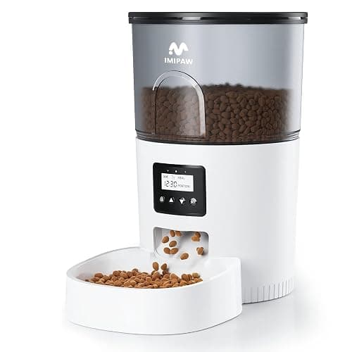 IMIPAW Automatic Cat Feeders, Timed Cat Dry Food Dispenser with Desiccant Bag, Dual Power Supply, Programmable Portion Size, 6 Meals, 20 Portions Per Day, Auto Pet Feeder for Cats and Small Dog, White - Image 1