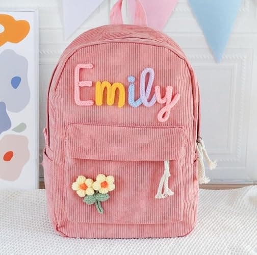 Personalized Backpack for Girls/Boys, Custom Corduroy School Bag with Cotton Rope Embroidery Name, Back to School Bag Gifts for Kids, Children Birthday/Christmas Gift thumbnail 2