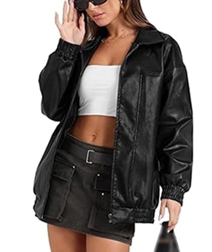 xxxiticat Women's PU Leather Jacket Long Sleeve Turn Down Collar Zipper Faux Leather Windbreaker Bomber Coat Outerwear thumbnail 2