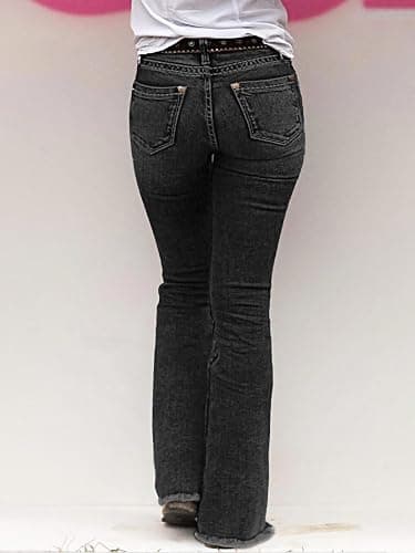 Flamingals Women's Buttoned Hem Bootcut Jeans Without Belt Mid Waist Casual Pants Navy Blue thumbnail 3