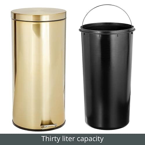 mDesign Tall 30 Liter, Large Round Metal Lidded Step Trash Can, Thin Compact Garbage Bin with Removable Liner Bucket for Bathroom, Kitchen, Craft Room, Office, Garage - Soft Brass thumbnail 5