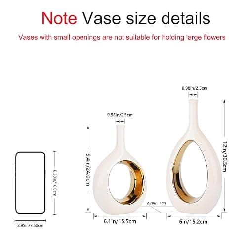 White and Gold Vase Ceramic White Vases Home Decor,Modern Minimalist Circle with Hole Decorative Vase, Hollow Ellipse Flower vases for Bookshelf, Fireplace Mantle, Centerpieces,Farmhouse,Rustic Décor thumbnail 3