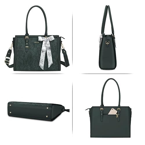 MOSISO Laptop Bag for Women, PU Leather Tote Bag, Front Embossed Retro Hibiscus Computer Bags with Silk Scarf&Clutch Purse thumbnail 6